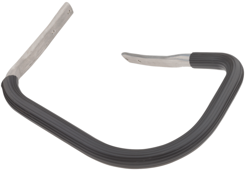 Metalowo-gumowy uchwyt podtrzymujący pilarki Husqvarna 61, 266, czarny gumowy uchwyt, srebrna metalowa część, zakrzywiony kształt z otworami montażowymi, widoczny z boku, w pozycji leżącej.