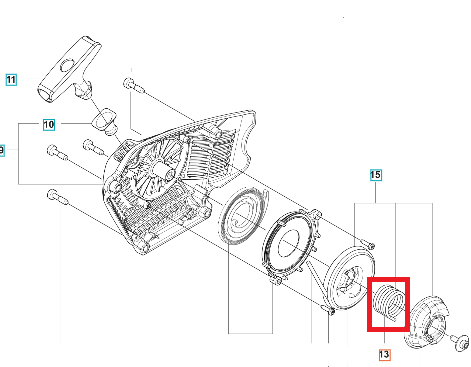 Sprężyna skrętna do pilarki Husqvarna 545 Mark II/545G Mark II, metalowa, o cylindrycznym kształcie. Widoczna w zbliżeniu, z wyraźnymi detalami gwintów. Element usytuowany w obszarze mechanizmu, ukazujący sposób montażu w konstrukcji.