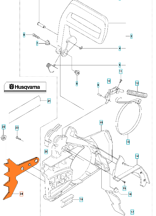 Ostroga pilarki Husqvarna 268, 272XP, przedstawiona w kolorze pomarańczowym, z metalową fakturą. Ujęcie z boku pokazuje szczegółową budowę i mocowania. Na obudowie widoczny logotyp Husqvarna. Produkt w stanie nowym, zdołowany na białym tle.