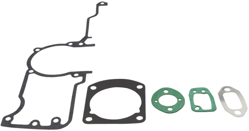 Zestaw 5 uszczelek do pilarek Husqvarna 268 i 272XP, w różnych kształtach i kolorach: czarny, zielony, srebrny. Precyzyjne wycięcia i otwory montażowe, ułożone płasko na białym tle.