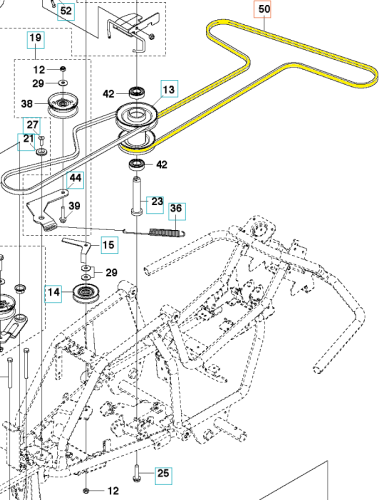 Rider R115C/R120C Husqvarna – żółty pasek montażowy z widocznymi detalami, jak osie i mocowania. Przedstawiony w perspektywie z góry, obok ramy maszyny, na białym tle. Elementy rozłożone w schemacie montażowym, dokładnie oznaczone numerami.
