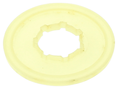 Żółta, okrągła podkładka pilarki Husqvarna z plastiku, z centralnym otworem i ząbkowanymi krawędziami. Przeznaczona do modeli 61, 268 i 272XP. Zdjęcie z przodu na jednolitym tle.