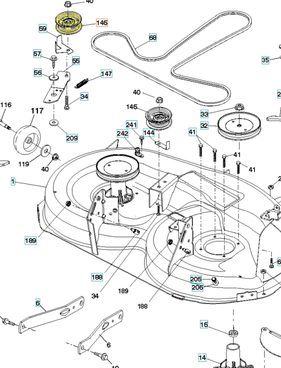 Koło pasowe do traktorów Husqvarna TS138/TC242TX, szare z żółtymi akcentami, metalowe. Zdjęcie pokazuje detale montażowe z góry, na płaskiej powierzchni, nowy produkt z oznaczeniami i numeracją części.