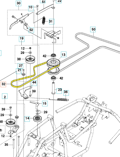 Pasek Rider R120C/R115C Husqvarna w żółtym kolorze, widoczny na schemacie, w pozycji poziomej. Elementy z zamocowaniami i rolkami wraz z oznaczeniami. Tło proste, białe, aby uwypuklić detale techniczne i wskazania montażu.