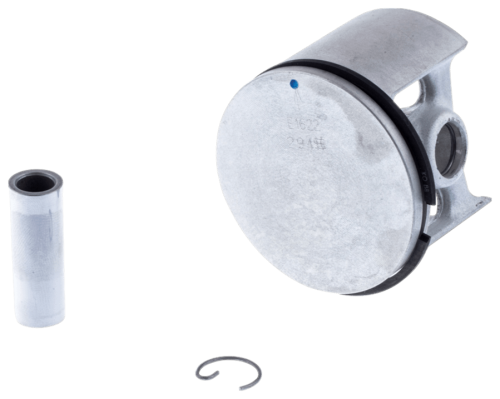 Srebrny metalowy tłok do pilarek Husqvarna 268, 272XP z pierścieniem uszczelniającym oraz bocznie widocznym prętem i sprężyną, z oznaczeniami i fixturami.