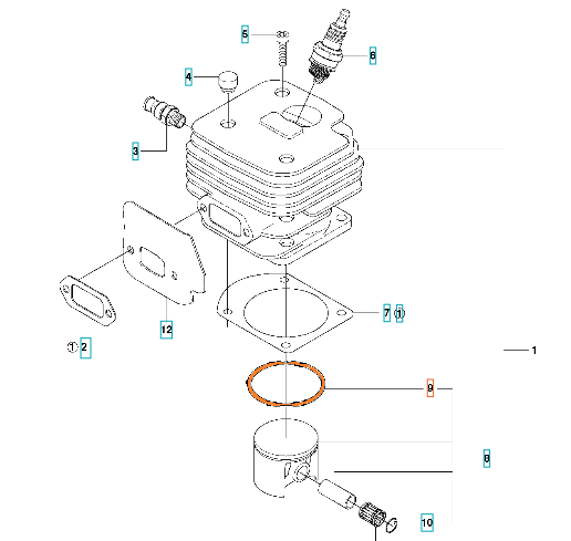 Pierścień tłoka do pilarki Husqvarna 272XP, 281 o pomarańczowym kolorze, widoczny w ułożeniu horyzontalnym, jako część silnika. W otoczeniu innych elementów silnika, jak cylinder i zawory, na jasnym tle.