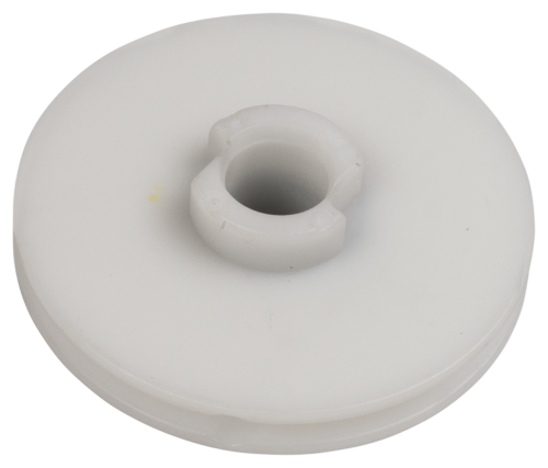 Koło linowe rozrusznika pilarki Husqvarna 281, 288 w białym kolorze, okrągłe, z centralnym otworem i delikatnym wycięciem. Zdjęcie z góry, pokazujące detale krawędzi i gładką powierzchnię. Brak widocznych napisów lub logo.