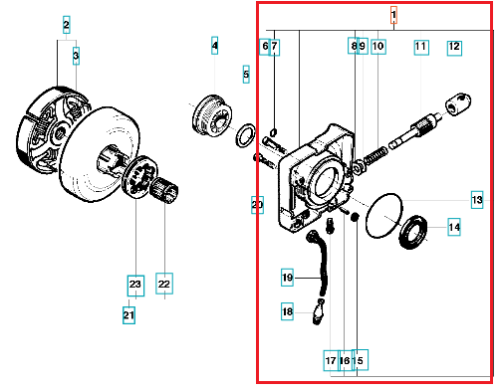 Pompa oleju do pilarki Husqvarna 281 i 288, widok z boku. Złożona z metalowych elementów, w tym pompy, uszczelek i mocowań. Detale obejmują zębatki, cylindry oraz otwory montażowe. Na białym tle, z numerami części dla ułatwienia identyfikacji.