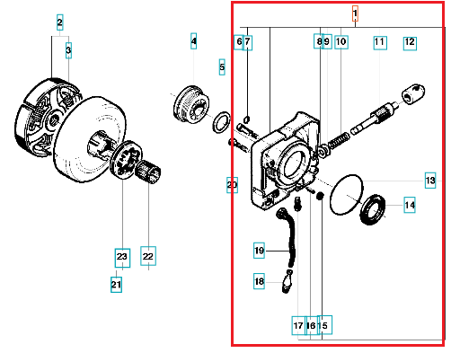 Pompa oleju do pilarki Husqvarna 281 i 288, widok z boku. Złożona z metalowych elementów, w tym pompy, uszczelek i mocowań. Detale obejmują zębatki, cylindry oraz otwory montażowe. Na białym tle, z numerami części dla ułatwienia identyfikacji.