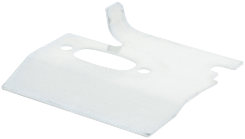 Metalowa srebrna osłona termiczna do pilarek Husqvarna 281XP i 288XP, z otworem montażowym, chroniąca silnik przed wysoką temperaturą, widoczna z boku na płaskiej powierzchni.