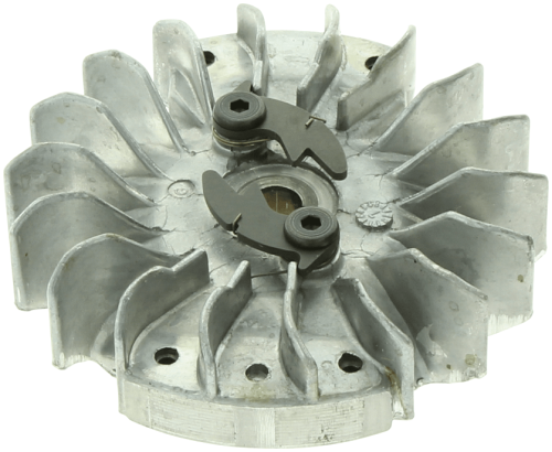 Koło zamachowe pilarki Husqvarna 281XP, 288XP, widok z góry, metaliczne z żebrami wentylacyjnymi i dwoma czarnymi elementami mocującymi na jasnym tle.