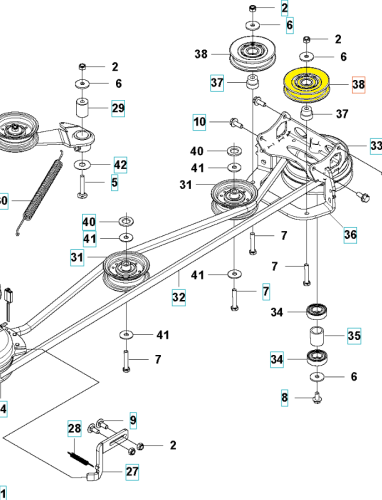 Koło pasowe Rider R418TsX AWD/R420TsX AWD Husqvarna, metaliczny element w kolorze srebrnym, widoczny z boku. Zestaw zawiera łożyska, wkręty oraz inne akcesoria montażowe. Ujęcie w zbliżeniu, efektowne detale konstrukcyjne oraz mechanizmy pasowe.