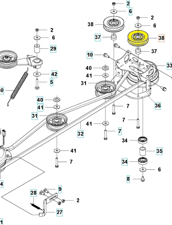 Koło pasowe Rider R418TsX AWD/R420TsX AWD Husqvarna, metaliczny element w kolorze srebrnym, widoczny z boku. Zestaw zawiera łożyska, wkręty oraz inne akcesoria montażowe. Ujęcie w zbliżeniu, efektowne detale konstrukcyjne oraz mechanizmy pasowe.
