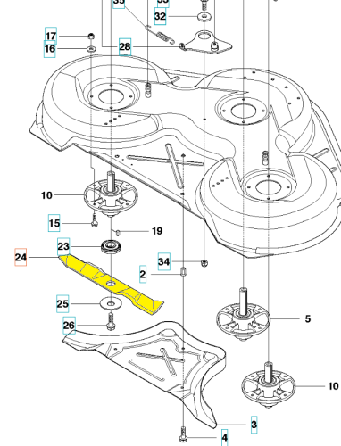 Widok z góry noża Husqvarna R422Ts/P524 42 cm, szara metalowa konstrukcja z okrągłymi otworami, żółty detal i oznaczenia montażowe na płaskiej powierzchni.