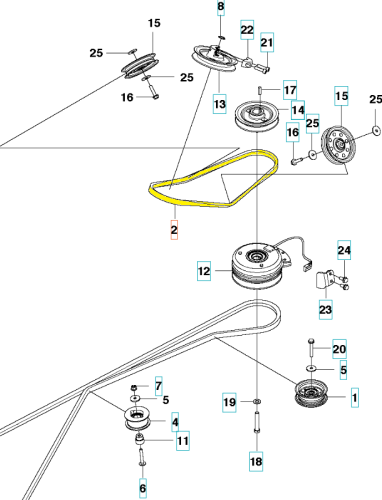 Schemat paska Rider P524/P524X EFI Husqvarna z żółtym paskiem centralnie, otoczonym pulle i mocowaniami oznaczonymi numerami, widok na białym tle ułatwiający identyfikację.
