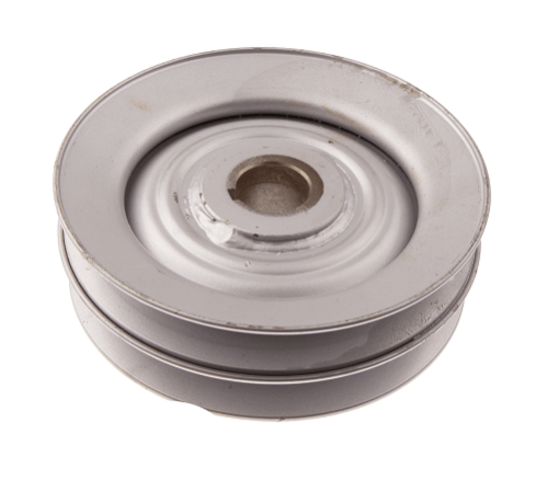 Koło pasowe Rider P 520DX/P 525DX Husqvarna w kolorze srebrnym, z okrągłym kształtem. Ujęcie frontalne, pokazujące gładką powierzchnię oraz wyraźnie widoczne otwory montażowe. Produkt leży na jednolitym tle.