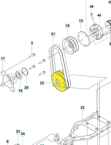 Koło pasowe Rider P 520DX/P 525DX Husqvarna, w kolorze żółtym, wykonane z materiału kompozytowego, o okrągłym kształcie. Widok z boku, zawieszone na mocowaniu. Elementy montażowe są widoczne obok, w zestawieniu z instrukcją montażu.