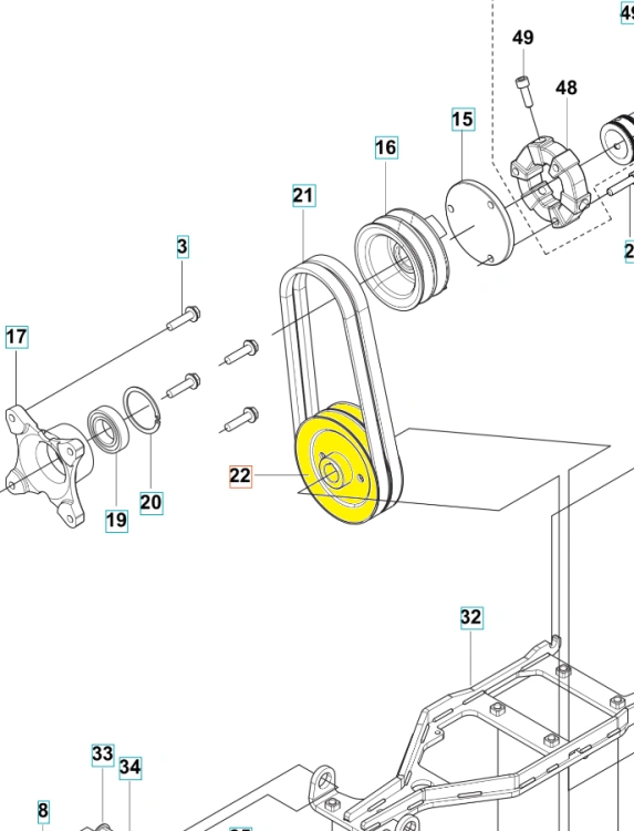 Koło pasowe Rider P 520DX/P 525DX Husqvarna, w kolorze żółtym, wykonane z materiału kompozytowego, o okrągłym kształcie. Widok z boku, zawieszone na mocowaniu. Elementy montażowe są widoczne obok, w zestawieniu z instrukcją montażu.