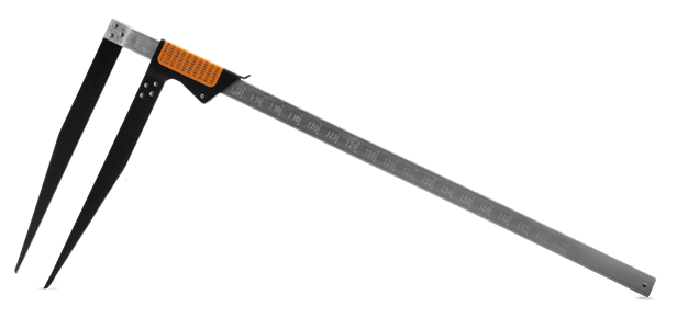 Średnicomierz o długości 46 cm z metalową, sztywną rączką oraz dwoma czarnymi końcówkami pomiarowymi. Widok z boku, ustawiony poziomo. Użyty do precyzyjnego pomiaru średnic. Czytelna skala pomiarowa z oznaczeniami.