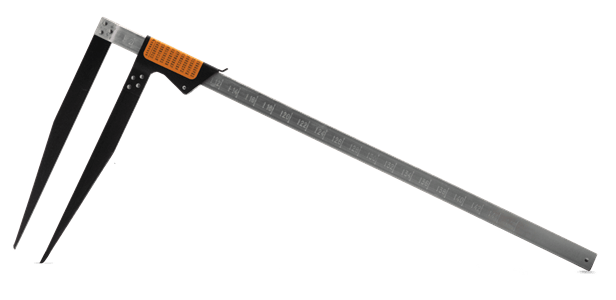 Średnicomierz o długości 46 cm z metalową, sztywną rączką oraz dwoma czarnymi końcówkami pomiarowymi. Widok z boku, ustawiony poziomo. Użyty do precyzyjnego pomiaru średnic. Czytelna skala pomiarowa z oznaczeniami.