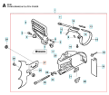Zespół hamulca do pilarki Husqvarna 3120, 3120XP, na ilustracji z detalami. Widok frontalny, przedstawiający różne elementy, w tym uchwyt, osłonę i śruby. Widoczne logo Husqvarna. Części umieszczone na białym tle.