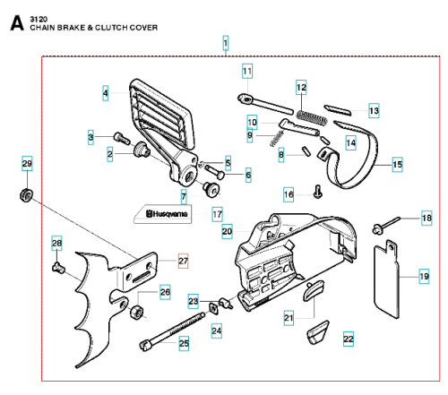 Zespół hamulca do pilarki Husqvarna 3120, 3120XP, na ilustracji z detalami. Widok frontalny, przedstawiający różne elementy, w tym uchwyt, osłonę i śruby. Widoczne logo Husqvarna. Części umieszczone na białym tle.