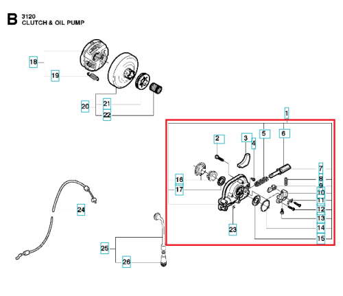 Schemat pompy oleju do pilarki Husqvarna 3120, 3120XP. Widoczny mechanizm z elementami montażowymi, w tym wirnik, wlot i wylot oleju, oraz przewody. Całość w układzie dwuwymiarowym, z numeracją części. Tło neutralne, ułatwiające odczyt detali.