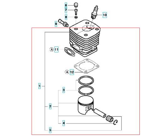 Zespół cylindra pilarki Husqvarna 3120XP w układzie poziomym z tłokiem, ringami i elementami montażowymi, w tym świecą zapłonową, podkładką i uszczelkami, widok z góry na jednolitym tle.