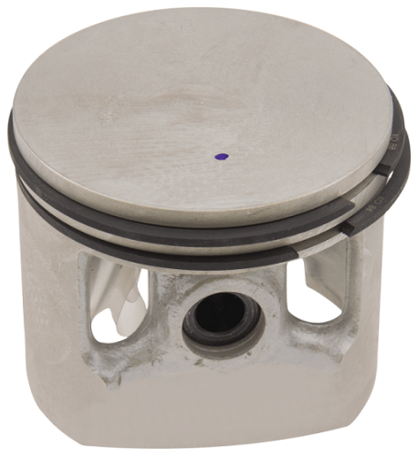 Srebrny tłok do pilarki Husqvarna 3120XP, cylindryczny z otworami i szczeliną, widok z przodu. Na górze niebieski punkt z pierścieniem. Nowy, bez dodatków.