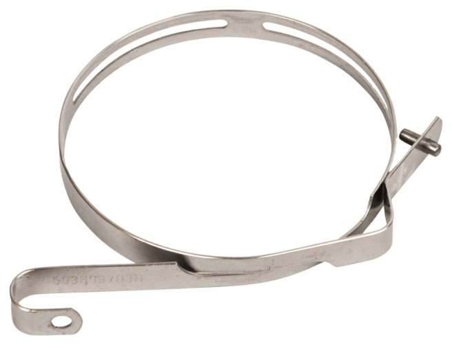 Stalowa taśma hamulca pilarki Husqvarna, okrągła z gładką powierzchnią i szpikulcem z okrągłym uchwytem, mechanizm mocujący, pozycja stojąca, przezroczyste tło, regulowana długość pętli.