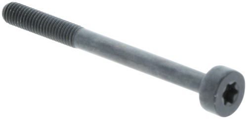 Śruba pokrywy filtra powietrza przecinarki Husqvarna K 1270 II w kolorze czarnym, z gładkim, metalowym wykończeniem. Ujęcie z boku, w zbliżeniu, ukazujące gwintowaną część i główkę z wcięciem na klucz. Produkt leży poziomo na czarnym tle.