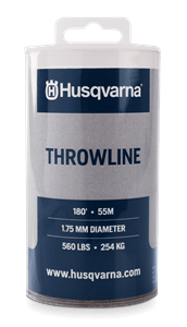 Linka rzutowa 55 m Husqvarna, w białym i szarym opakowaniu z uchwytem, z widocznym logo Husqvarna oraz oznaczeniami: 55 m długości, 1,75 mm średnicy, 560 funtów (254 kg) wytrzymałości. Produkt zamknięty w plastikowej tubie.