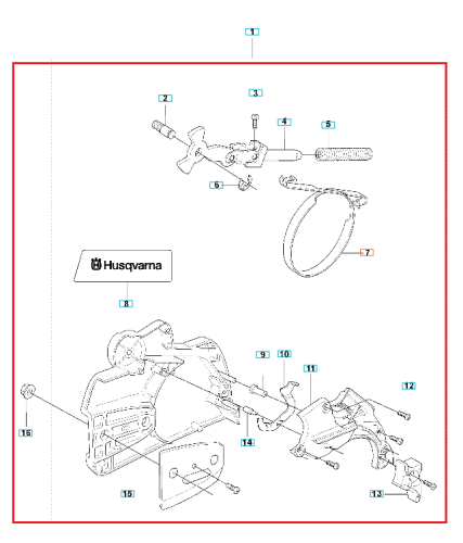 Hamulec i pokrywa sprzęgła do pilarki Husqvarna 345E TrioBrake w czerni. Widok od strony z detalami, mocowaniami i logo Husqvarna, ułożone poziomo na neutralnym tle.