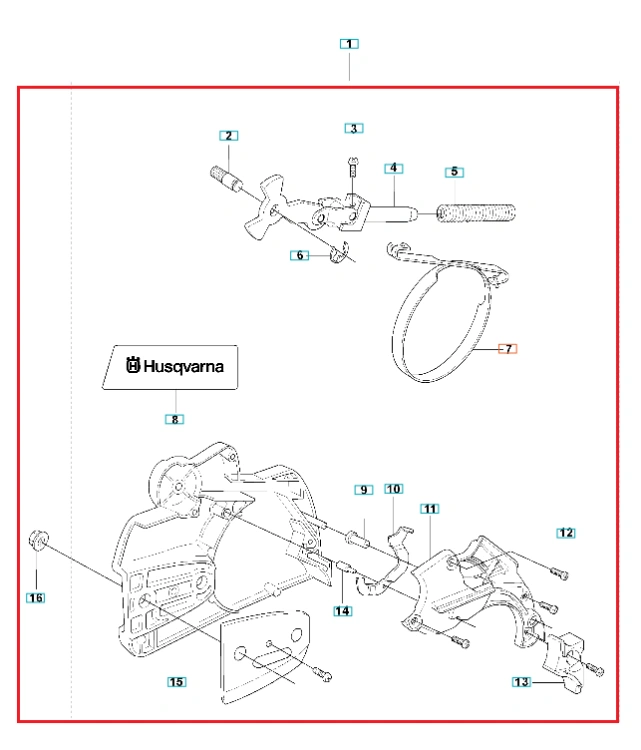 Hamulec i pokrywa sprzęgła do pilarki Husqvarna 345E TrioBrake w czerni. Widok od strony z detalami, mocowaniami i logo Husqvarna, ułożone poziomo na neutralnym tle.
