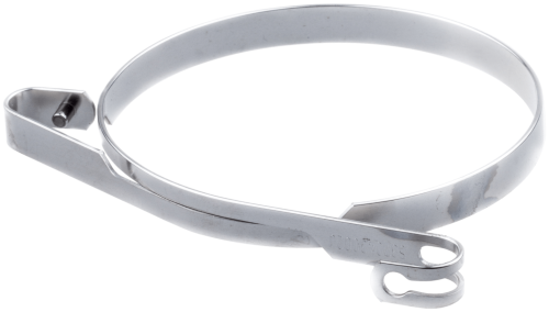 Taśma hamulca pilarki Husqvarna 345E/353 TrioBrake w kształcie okręgu, wykonana z metalowego materiału, z widocznymi zaciskami. Ujęcie z przodu, położona na jednolitym tle. Elementy mocujące są dobrze widoczne, a powierzchnia jest błyszcząca.