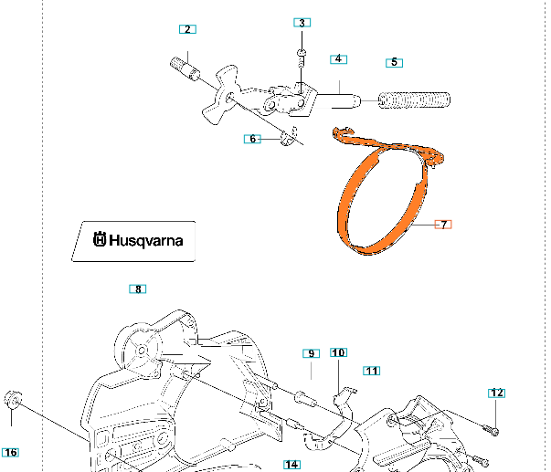 Pomarańczowa taśma hamulca Husqvarna 345E/353 TrioBrake, okrągła, syntetyczna, zbliżenie na detale i logo Husqvarna, używana w sprzęcie ogrodowym.
