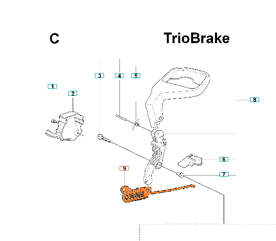 Przewód pilarki Husqvarna TrioBrake w kolorze pomarańczowym, z widocznymi detali mocowania i kształtem ergonomicznej rączki. Ujęcie przedstawia konstrukcję w widoku frontalnym, z wyróżnieniem poszczególnych części i numeracji.