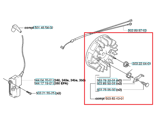 Szare koło zamachowe do pilarek Husqvarna 345E, 350 z detalami i oznaczeniami montażowymi, widoczne z przodu na białym tle, nowe, z otworami montażowymi i strukturą powierzchni.