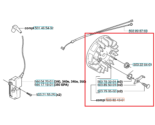 Szare koło zamachowe do pilarek Husqvarna 345E, 350 z detalami i oznaczeniami montażowymi, widoczne z przodu na białym tle, nowe, z otworami montażowymi i strukturą powierzchni.