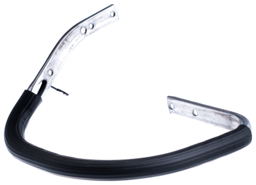 Uchwyt podtrzymujący pilarki Husqvarna 346XPG, metalowy z czarną gumową osłoną. Złożony, widoczny z boku, ukazuje kształt i otwory montażowe. Element o jednolitej fakturze, idealny do zapewnienia stabilności pilarki podczas pracy.