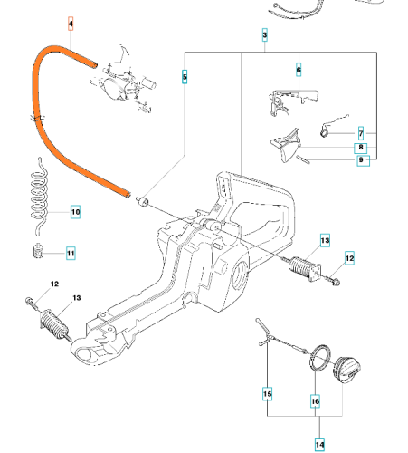 Przewód paliwa do pilarki Husqvarna 346XP, 357XP, w kolorze pomarańczowym. Zgięty w łuk, wykonany z tworzywa sztucznego, bez widocznych napisów. Produkt jest wyraźnie widoczny na białym tle, co podkreśla jego kształt i kolor.