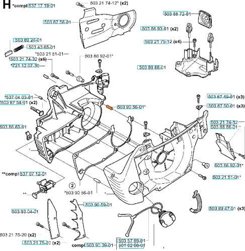 Tuleja pilarki Husqvarna 346XP, 357XP, w kolorze szarym, z plastikową obudową w kształcie prostokąta, z widocznymi elementami mocującymi. Ujęcie z boku, leżąca na jednolitym tle. Widoczne otwory na śruby oraz oznaczenia modeli.