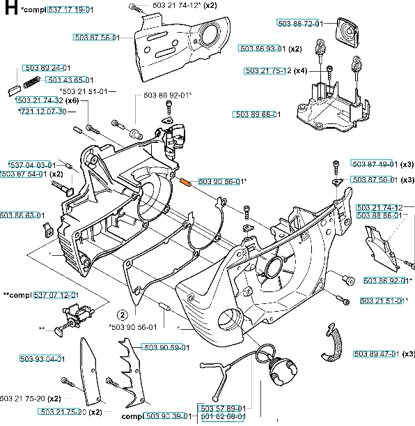 Tuleja pilarki Husqvarna 346XP, 357XP, w kolorze szarym, z plastikową obudową w kształcie prostokąta, z widocznymi elementami mocującymi. Ujęcie z boku, leżąca na jednolitym tle. Widoczne otwory na śruby oraz oznaczenia modeli.