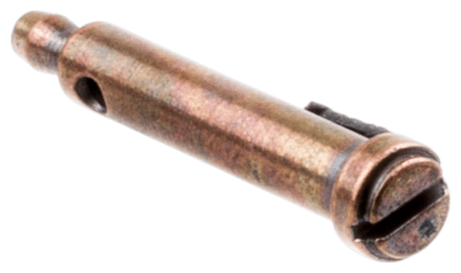 Śruba regulacji pompy oleju, metaliczna, w kolorze mosiężnym z widocznym gwintem i nacięciem na górze. Ujęcie z boku, leżąca na jednolitym tle, bez dodatkowych akcesoriów. Przeznaczona do pilarki Husqvarna 351, 359. Długość szacunkowo 5 cm.