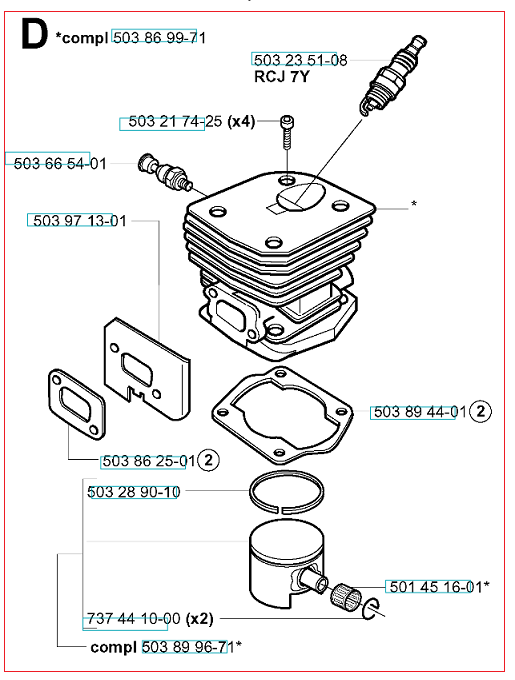 Cylinder kompletny pilarki Husqvarna 350, widok frontalny. Produkt w kolorze metalicznym, z wyraźnymi żeberkami chłodzącymi. Widoczne elementy to świeca zapłonowa, uszczelki i mocowania. Na tle białym, w układzie rozmontowanym na detale.