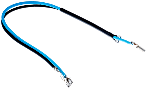 Wiązka przewodów pilarki Husqvarna 351 o długości około 1 metra, składająca się z dwóch przewodów—czarnego i niebieskiego. Przewody mają gładką powierzchnię i końcówki metalowe. Ujęcie z boku, przewody leżące na jednolitym tle.