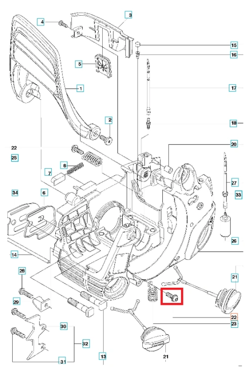 Śruba amortyzatora pilarki Husqvarna 120Mark II/136, metalowa, matowa, leżąca na białym tle. Kompaktowa z wyraźnym gwintem i zaokrąglonymi końcami, widoczna z boku.