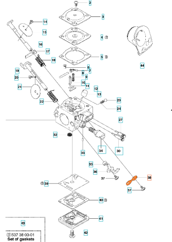 Dźwignia pilarki Husqvarna 350, 357XP w pozycji rozłożonej, szare metalowe elementy z jasnożółtymi oznaczeniami, widoczny mechanizm ze sprężyną i otworami na śruby, detale uszczelek, białe tło.