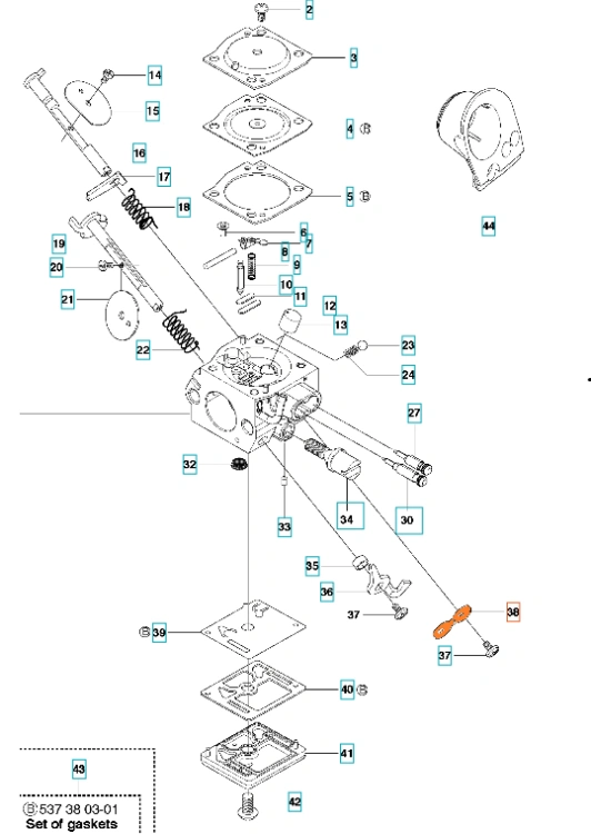 Dźwignia pilarki Husqvarna 350, 357XP w pozycji rozłożonej, szare metalowe elementy z jasnożółtymi oznaczeniami, widoczny mechanizm ze sprężyną i otworami na śruby, detale uszczelek, białe tło.