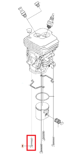Śruba cylindra do pilarki Husqvarna 340, 345, 350, stalowa, w kolorze srebrnym, z gwintem i sześciokątną główką, umieszczona w ujęciu z boku, na tle schematu silnika. Kluczowy element mocujący, opisany szczegółowo dla serwisantów.
